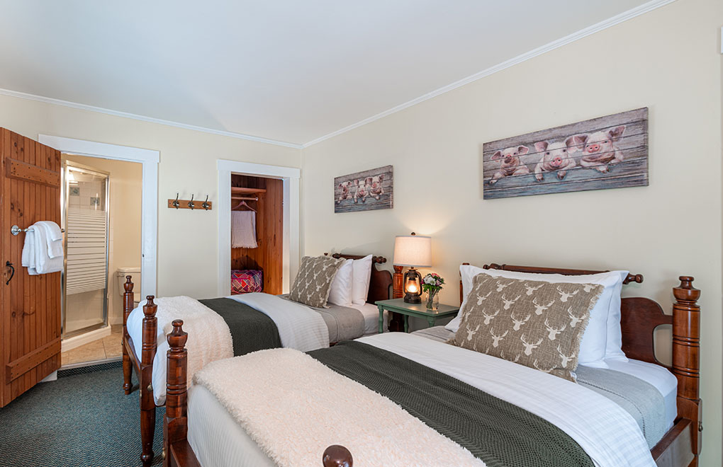 2 Single Beds with Art above the beds and attached bathroom